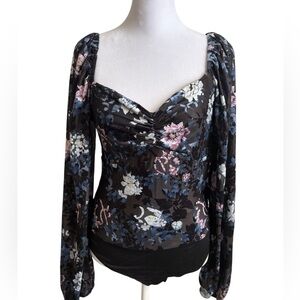 Medium Lulus Black Floral Sweetheart Bodysuit